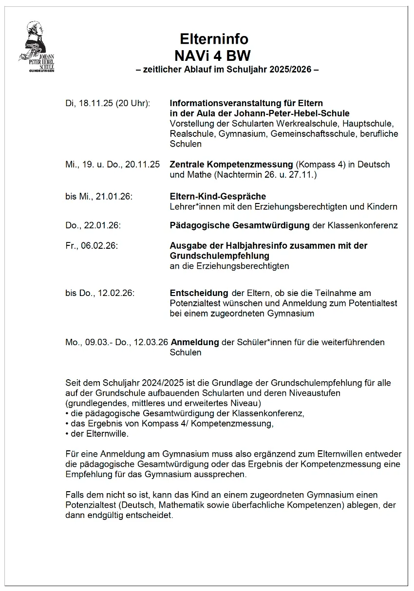 Übergang Grundschule - weiterführende Schule; zeitlicher Ablauf im Schuljahr 2025/2026